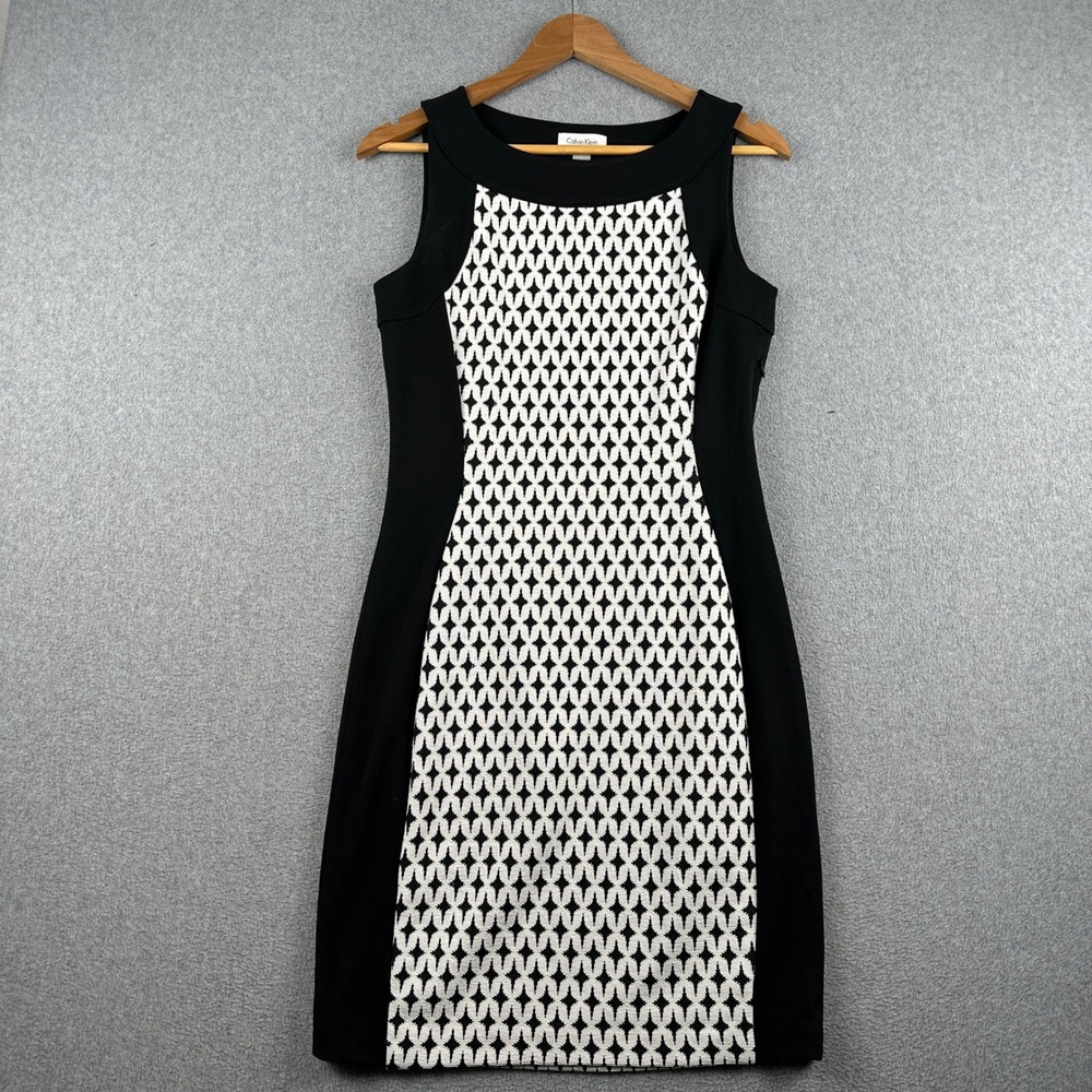 Calvin Klein Dress Womens 4 CD7P4709 Black White Sleeveless Sheath Geometric
